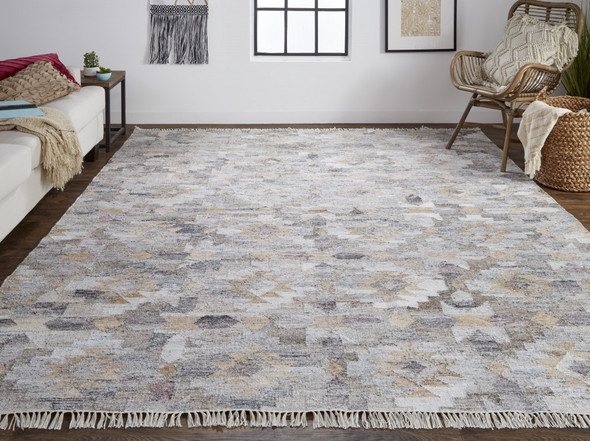 5' X 8' Taupe Gray And Blue Geometric Hand Woven Stain Resistant Area Rug With Fringe