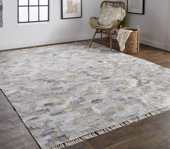 2' X 3' Taupe Gray And Blue Geometric Hand Woven Stain Resistant Area Rug With Fringe