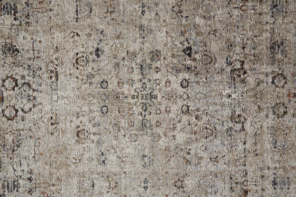 8' Taupe Ivory And Gray Abstract Distressed Runner Rug With Fringe