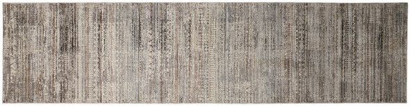 12' Ivory Gray And Black Abstract Distressed Runner Rug With Fringe