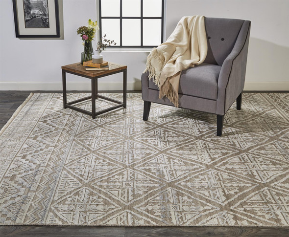 8' X 10' Ivory Tan And Gray Geometric Hand Knotted Area Rug