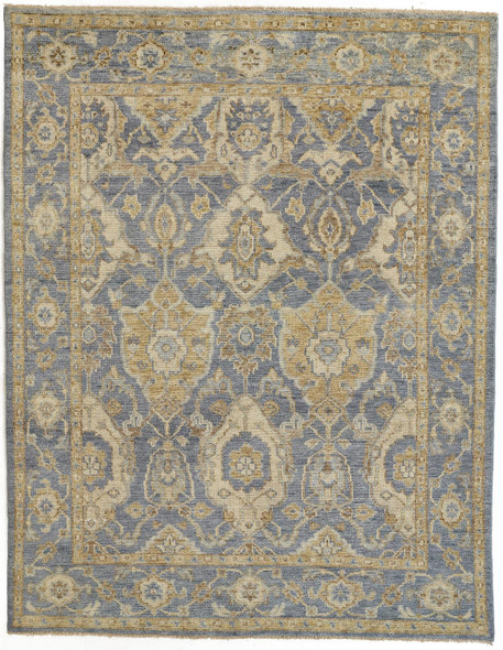 5' X 8' Blue Gold And Tan Wool Floral Hand Knotted Stain Resistant Area Rug With Fringe