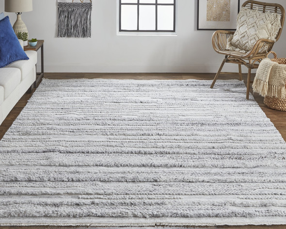 5' X 8' Gray Silver And Ivory Striped Hand Woven Stain Resistant Area Rug