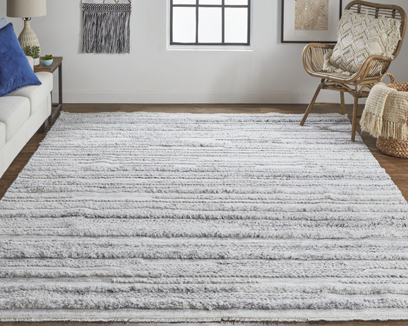 9' X 12' Gray Silver And Ivory Striped Hand Woven Stain Resistant Area Rug