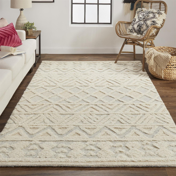 8' X 10' Ivory Blue And Tan Wool Geometric Tufted Handmade Stain Resistant Area Rug