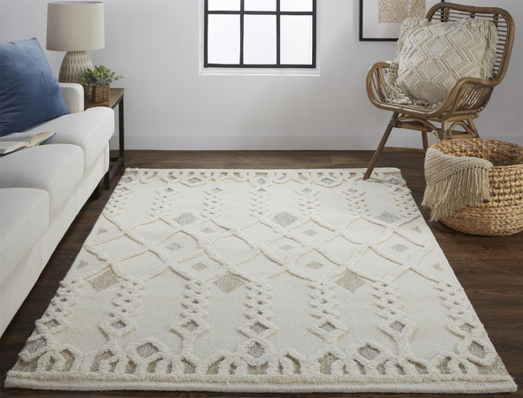 5' X 8' Ivory Tan And Silver Wool Geometric Tufted Handmade Stain Resistant Area Rug