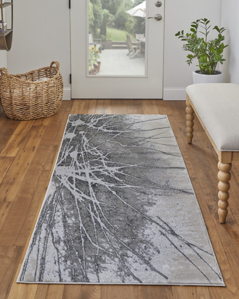 8' Gray Silver And Ivory Abstract Power Loom Runner Rug