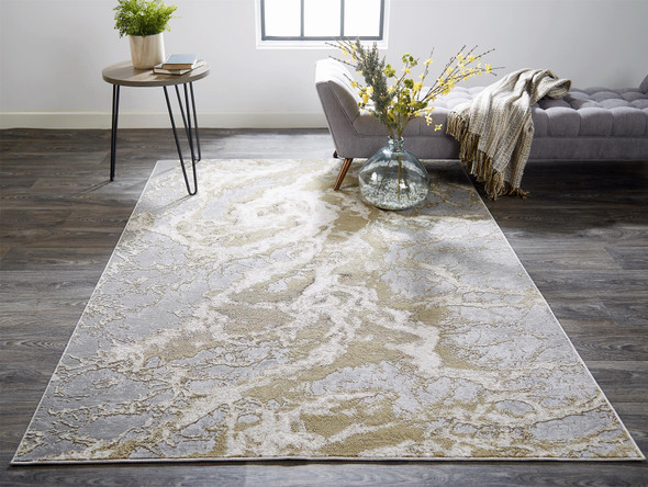 4' X 6' Ivory Silver And Gold Abstract Area Rug