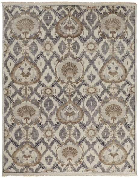 5' X 8' Ivory Gray And Taupe Wool Floral Hand Knotted Stain Resistant Area Rug