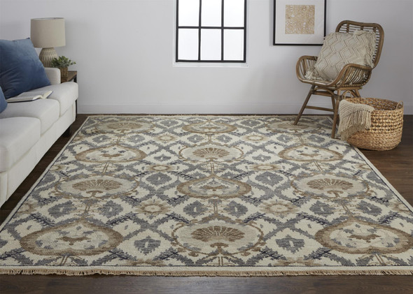 2' X 3' Ivory Gray And Taupe Wool Floral Hand Knotted Stain Resistant Area Rug