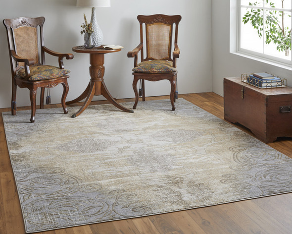 9' X 12' Silver Tan And Gray Floral Power Loom Area Rug