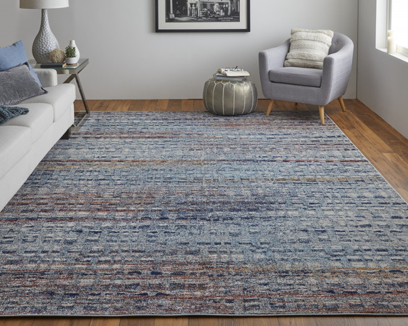 7' X 10' Blue Ivory And Orange Abstract Power Loom Stain Resistant Area Rug