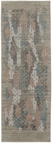 8' Pink Blue And Taupe Abstract Hand Woven Runner Rug