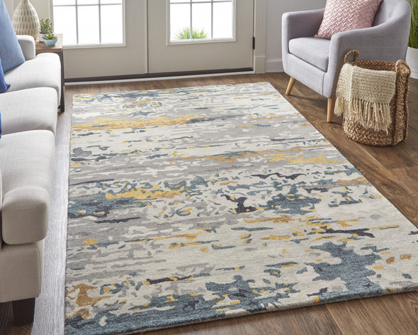 4' X 6' Gray Yellow And Blue Wool Abstract Tufted Handmade Stain Resistant Area Rug