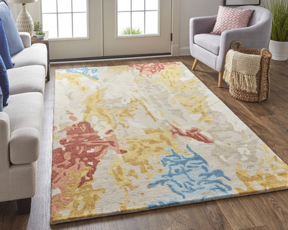 4' X 6' Ivory Yellow And Blue Wool Abstract Tufted Handmade Stain Resistant Area Rug