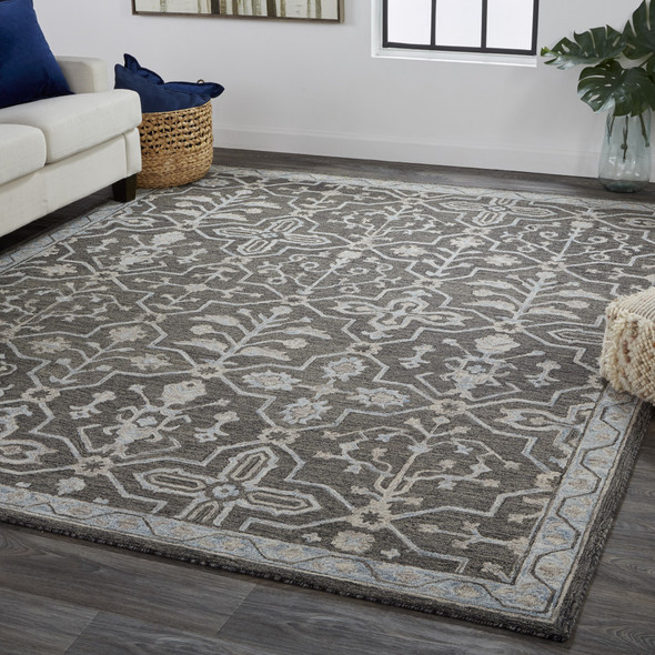 5' X 8' Gray Blue And Ivory Wool Floral Tufted Handmade Stain Resistant Area Rug