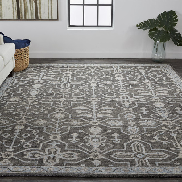 9' X 12' Gray Blue And Ivory Wool Floral Tufted Handmade Stain Resistant Area Rug