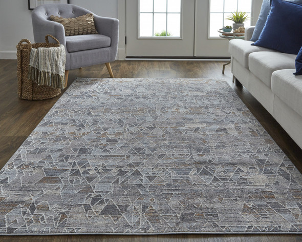 2' X 3' Gray Blue And Orange Abstract Power Loom Distressed Stain Resistant Area Rug
