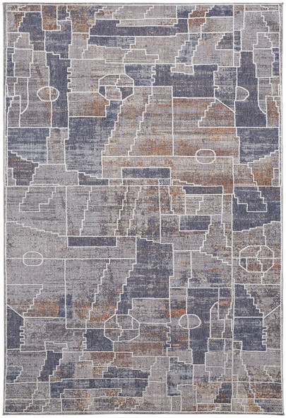 5' X 8' Blue Gray And Orange Geometric Power Loom Stain Resistant Area Rug