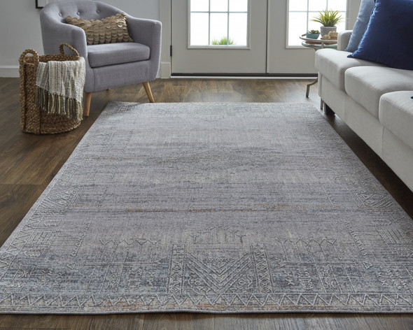 12' X 15' Gray Ivory And Orange Geometric Power Loom Distressed Stain Resistant Area Rug