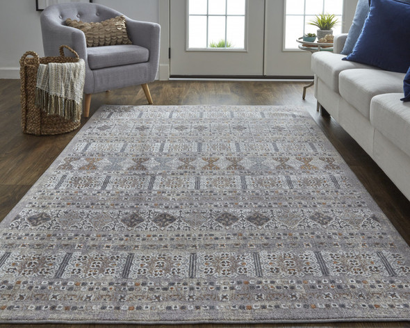 7' X 9' Orange Gray And White Geometric Power Loom Distressed Stain Resistant Area Rug