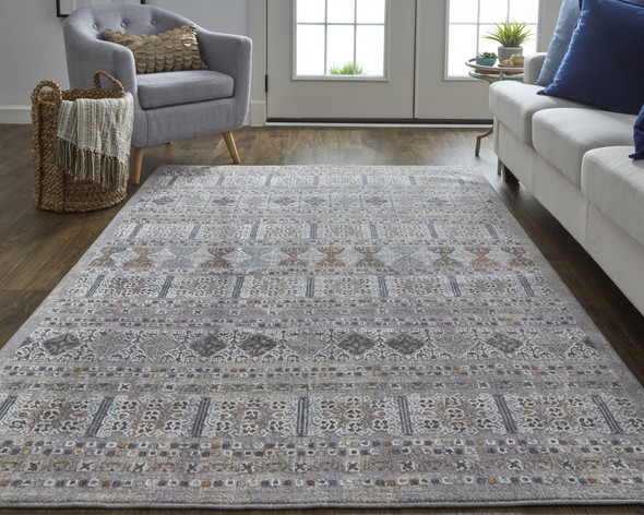 10' X 13' Orange Gray And White Geometric Power Loom Distressed Stain Resistant Area Rug