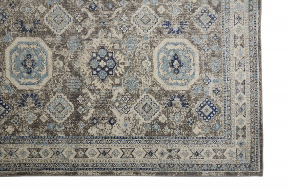 9' X 12' Gray Brown And Blue Floral Stain Resistant Area Rug
