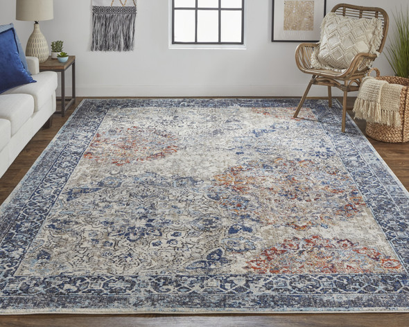 7' X 10' Blue Ivory And Red Floral Power Loom Distressed Stain Resistant Area Rug