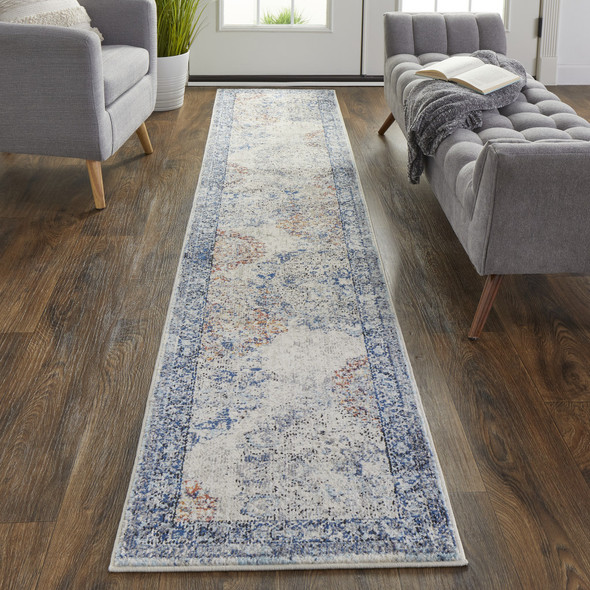 10' Blue Ivory And Red Floral Power Loom Distressed Stain Resistant Runner Rug