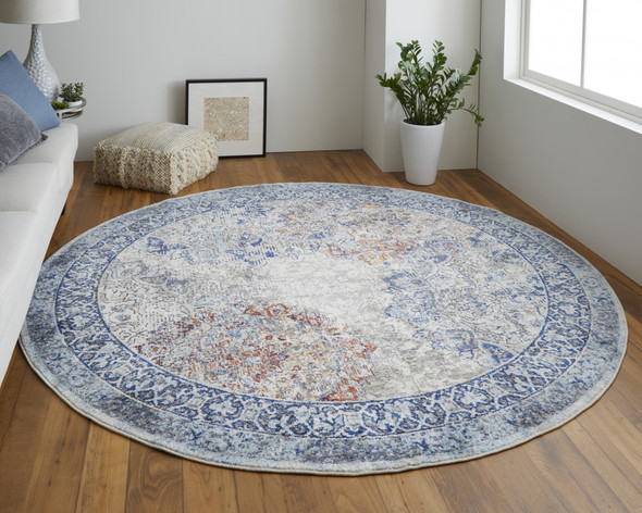 8' Blue Ivory And Red Round Floral Power Loom Distressed Stain Resistant Area Rug