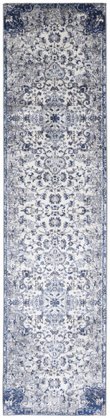 8' Ivory Gray And Blue Floral Power Loom Distressed Stain Resistant Runner Rug