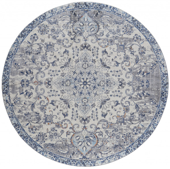 8' Ivory Gray And Blue Round Floral Power Loom Distressed Stain Resistant Area Rug