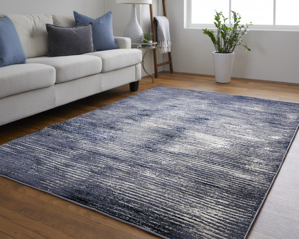 12' X 15' Blue Gray And Ivory Striped Power Loom Distressed Area Rug