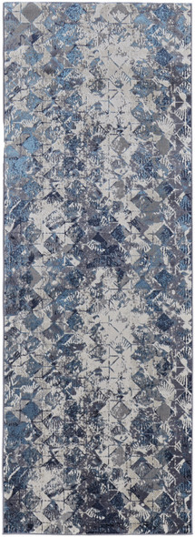 8' Blue Ivory And Gray Geometric Power Loom Distressed Runner Rug