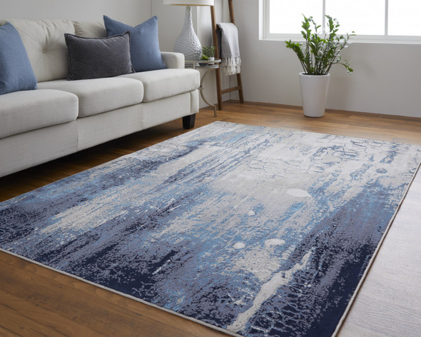 5' X 8' Ivory Blue And Black Abstract Power Loom Distressed Area Rug