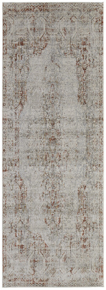 8' Tan Ivory And Orange Floral Power Loom Distressed Runner Rug With Fringe