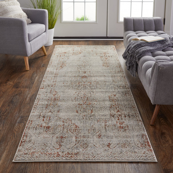 12' Tan Ivory And Orange Floral Power Loom Distressed Runner Rug With Fringe