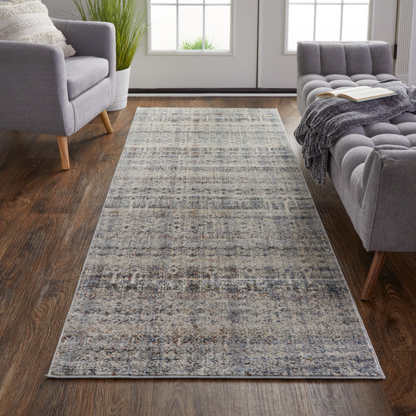 12' Tan Ivory And Blue Geometric Power Loom Distressed Runner Rug With Fringe