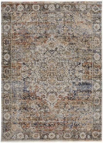 12' X 15' Tan Orange And Blue Floral Power Loom Distressed Area Rug With Fringe