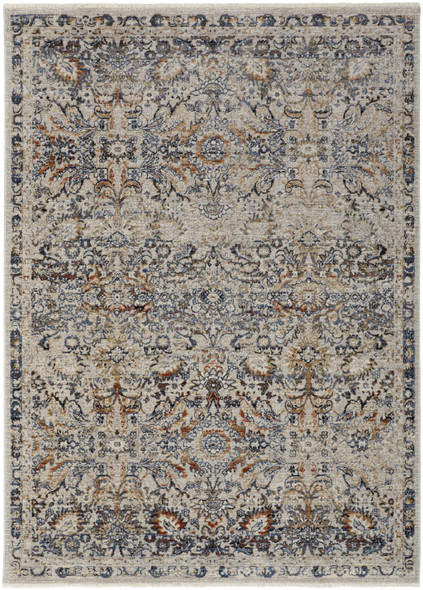 8' X 10' Tan Blue And Orange Floral Power Loom Distressed Area Rug With Fringe