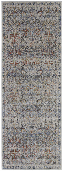 12' Tan Blue And Orange Floral Power Loom Distressed Runner Rug With Fringe