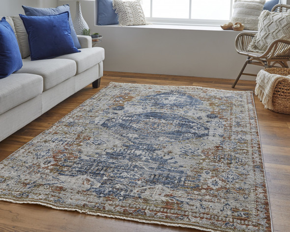 5' X 8' Ivory Orange And Blue Floral Power Loom Distressed Area Rug With Fringe