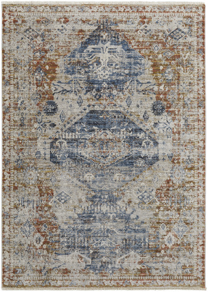 2' X 3' Ivory Orange And Blue Floral Power Loom Distressed Area Rug With Fringe