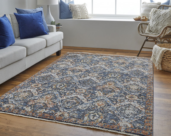 10' X 13' Blue Orange And Ivory Floral Power Loom Area Rug With Fringe