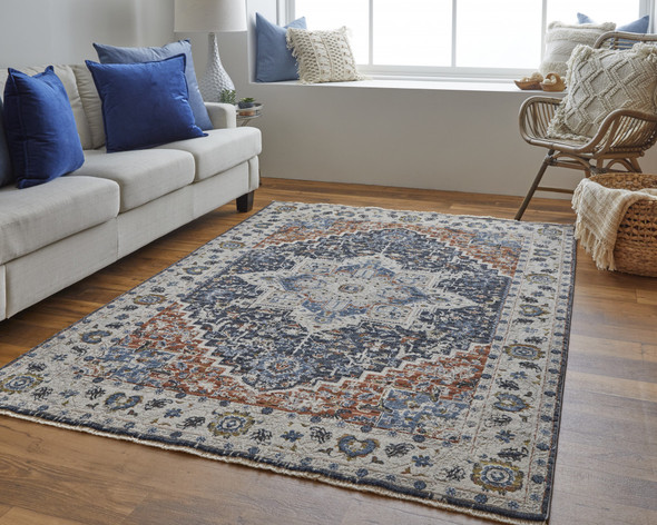 8' X 10' Ivory Blue And Red Floral Power Loom Area Rug With Fringe
