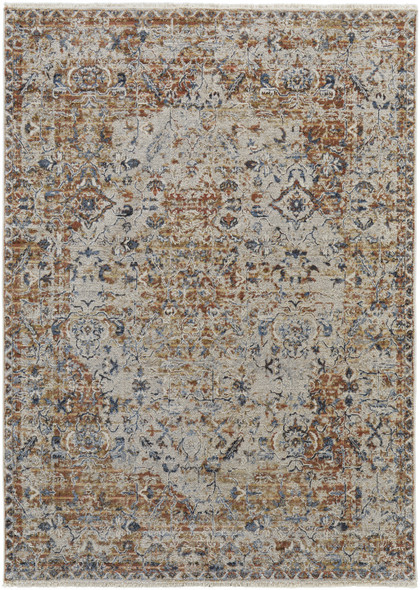 5' X 8' Tan Ivory And Orange Floral Power Loom Area Rug With Fringe