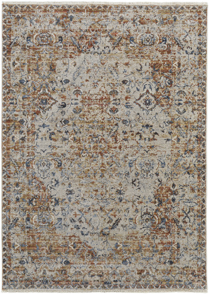 12' X 15' Tan Ivory And Orange Floral Power Loom Area Rug With Fringe