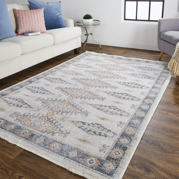 5' X 7' Gray Blue And Orange Floral Stain Resistant Area Rug