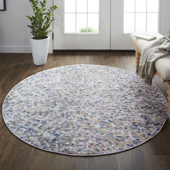 6' Taupe Tan And Orange Round Abstract Stain Resistant Area Rug