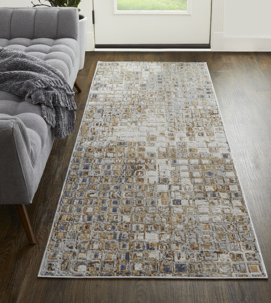 10' Tan Ivory And Blue Geometric Power Loom Distressed Runner Rug